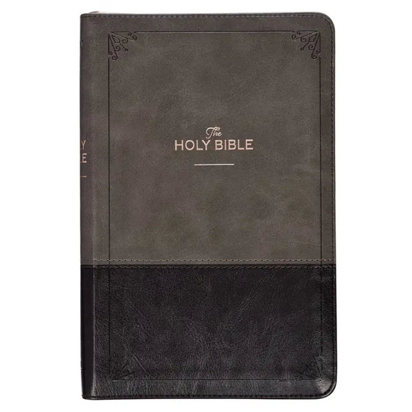 Gray & Black Faux Leather King James Version Deluxe Gift Bible with Thumb Index & Zippered Closure
