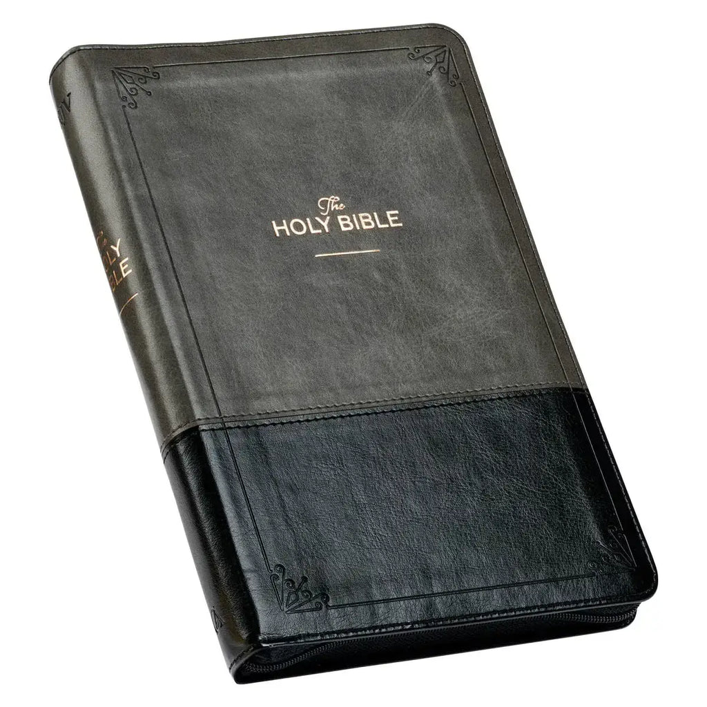 Gray & Black Faux Leather King James Version Deluxe Gift Bible with Thumb Index & Zippered Closure