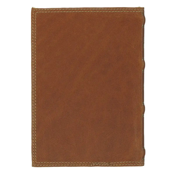 A brown leather notebook cover or journal shown flat against a plain white background.