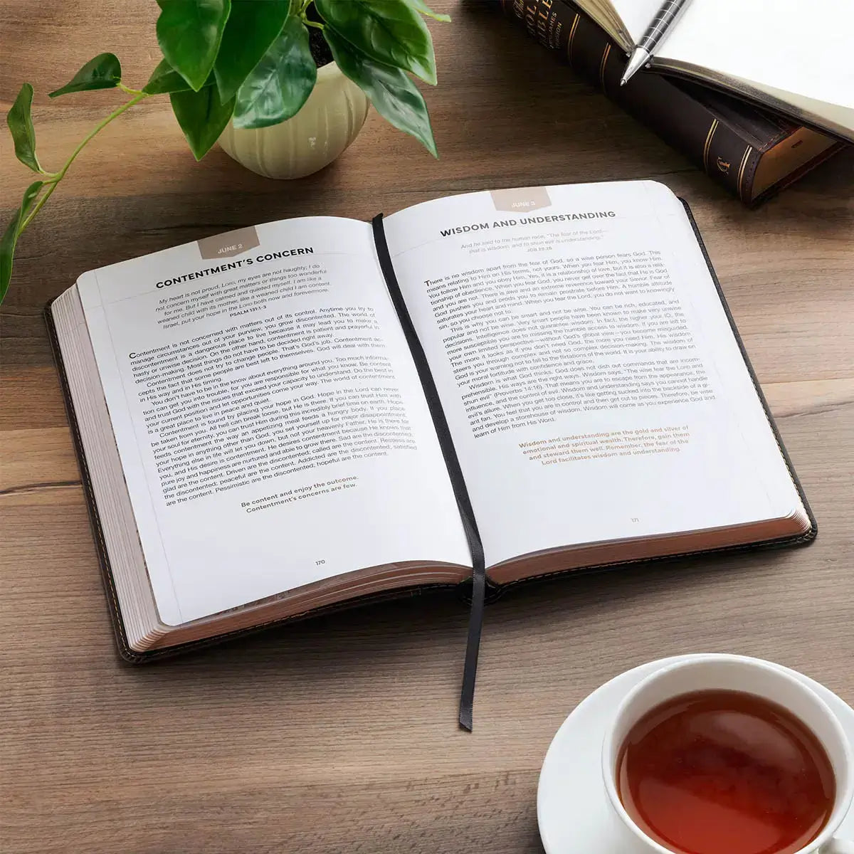 An open book with printed pages spread open on a wooden table, styled with a small plant, a cup of tea, and a dark object in the background.