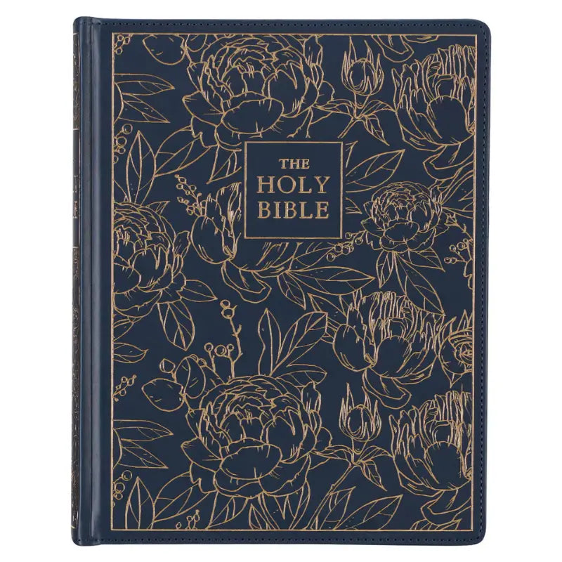 Navy Blue Floral Faux Leather Hardcover Large Print KJV Note-Taking Bible Main image