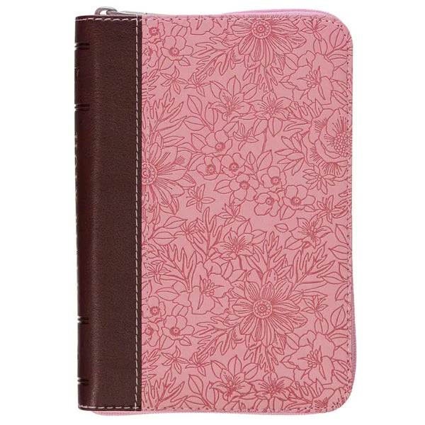Pink & Saddle Tan Faux Leather Mini Pocket King James Version Bible with Zippered Closure