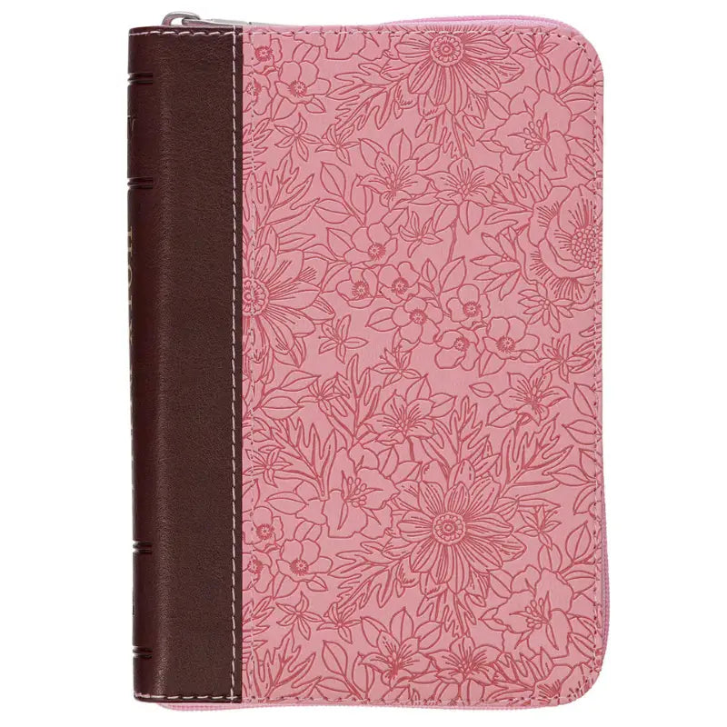 Pink & Saddle Tan Faux Leather Mini Pocket King James Version Bible with Zippered Closure Main image