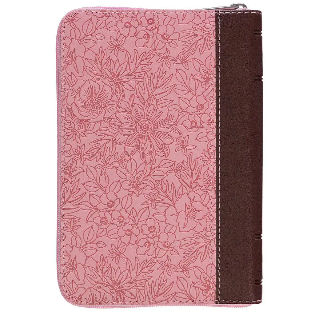 Pink & Saddle Tan Faux Leather Mini Pocket King James Version Bible with Zippered Closure