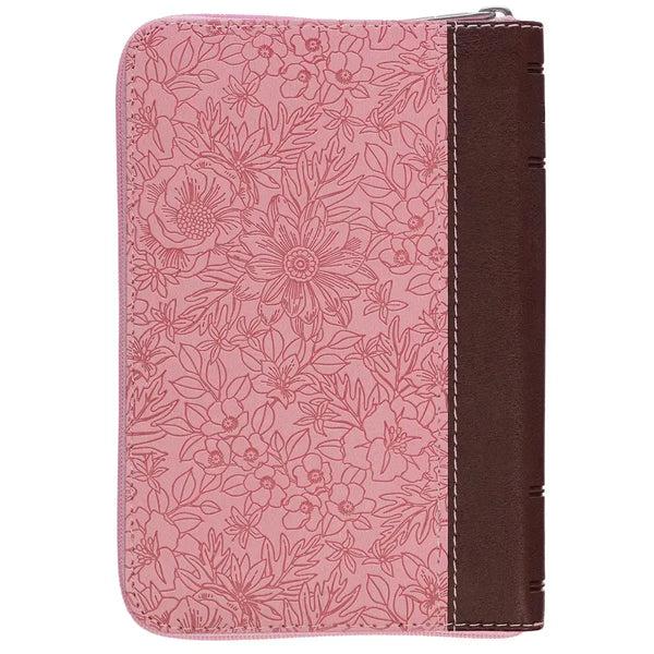 Pink & Saddle Tan Faux Leather Mini Pocket King James Version Bible with Zippered Closure