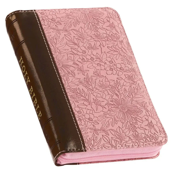 Pink & Saddle Tan Faux Leather Mini Pocket King James Version Bible with Zippered Closure
