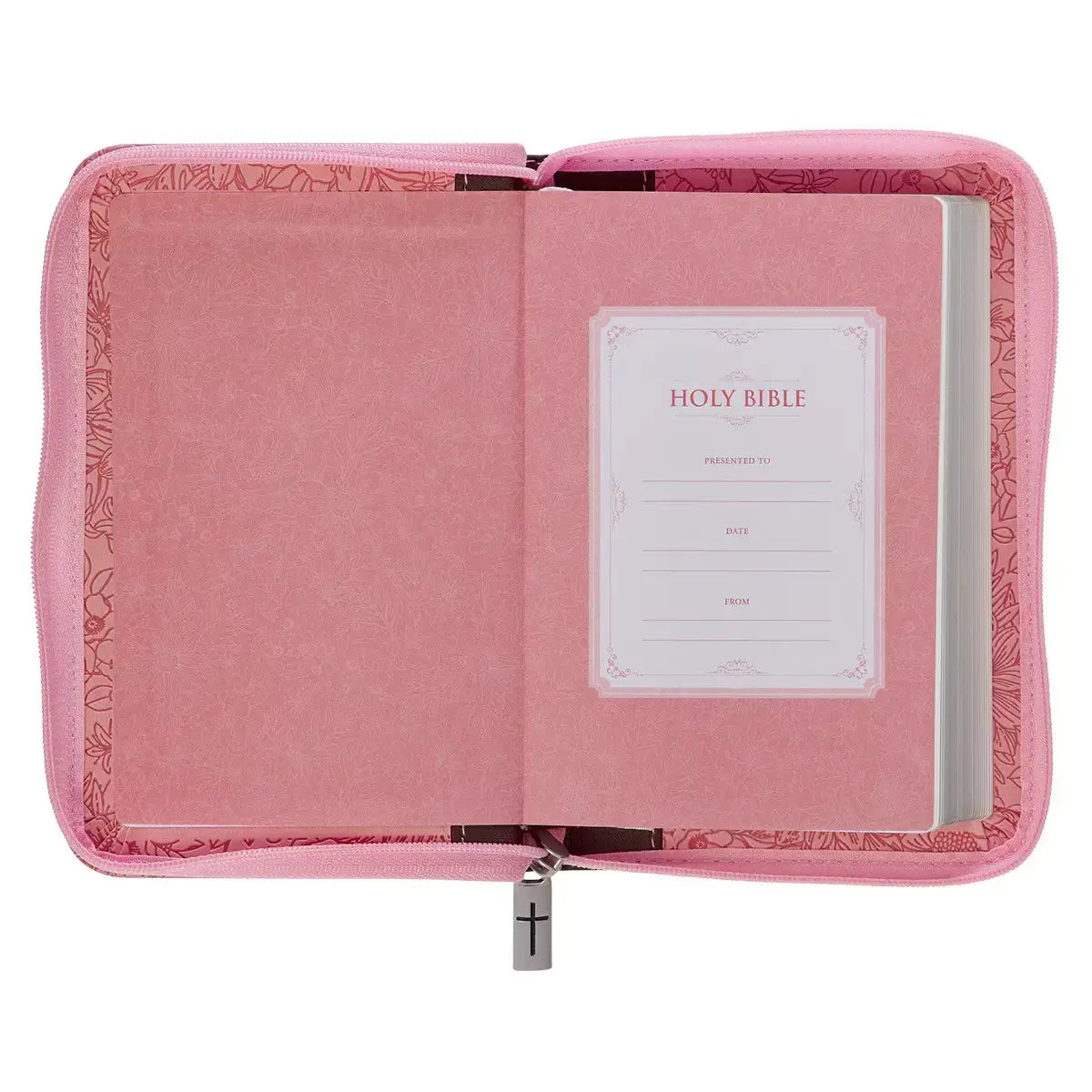 Pink & Saddle Tan Faux Leather Mini Pocket King James Version Bible with Zippered Closure