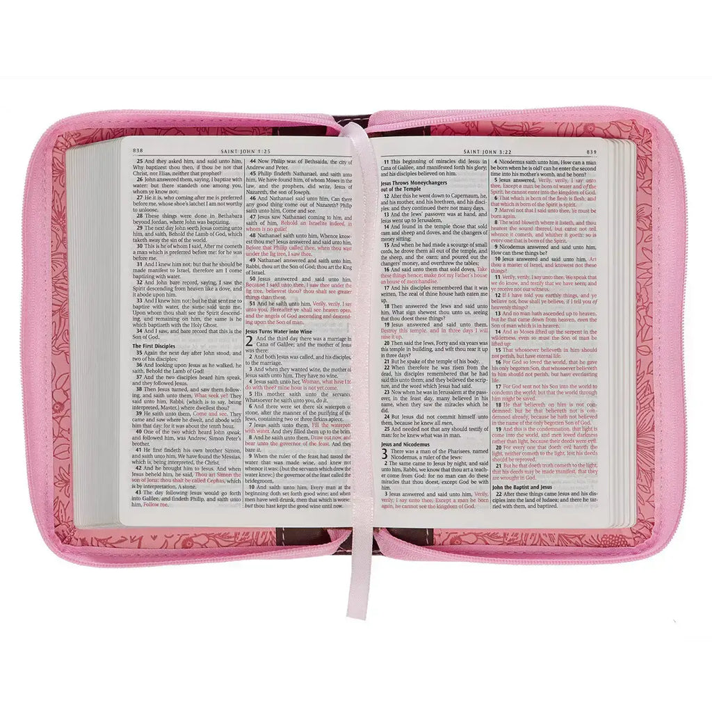 Pink & Saddle Tan Faux Leather Mini Pocket King James Version Bible with Zippered Closure