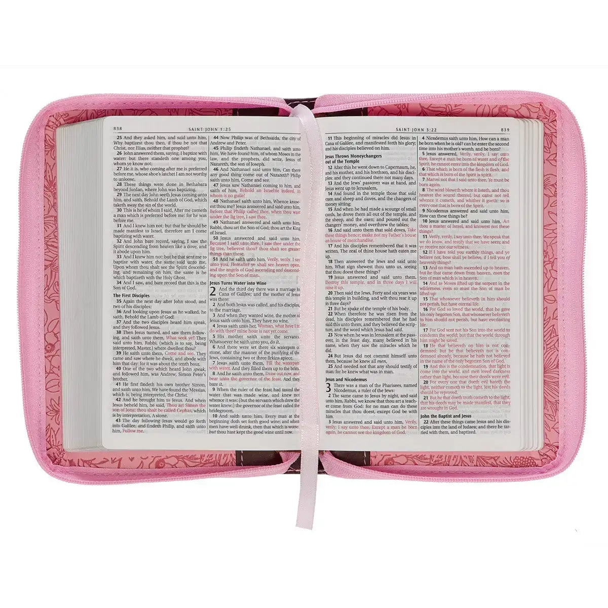 Pink & Saddle Tan Faux Leather Mini Pocket King James Version Bible with Zippered Closure