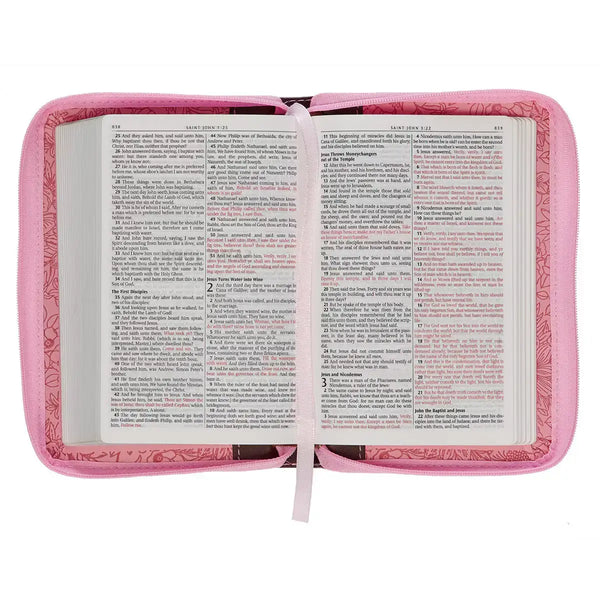 Pink & Saddle Tan Faux Leather Mini Pocket King James Version Bible with Zippered Closure