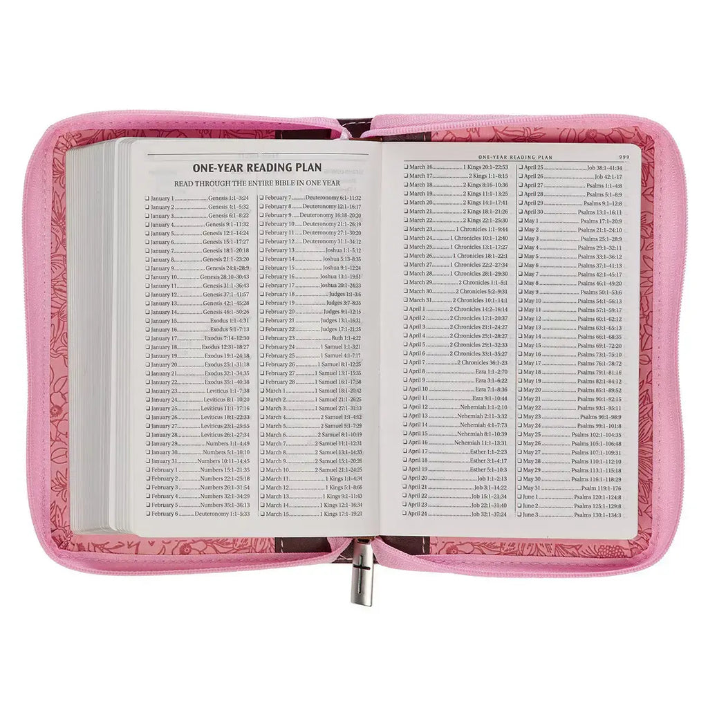 Pink & Saddle Tan Faux Leather Mini Pocket King James Version Bible with Zippered Closure