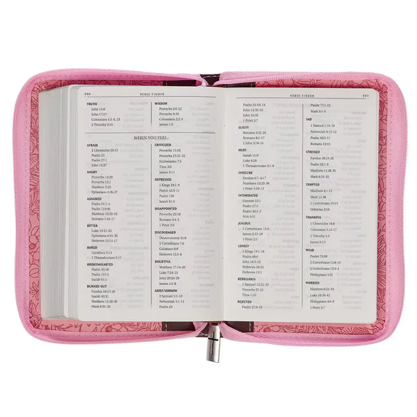 Pink & Saddle Tan Faux Leather Mini Pocket King James Version Bible with Zippered Closure