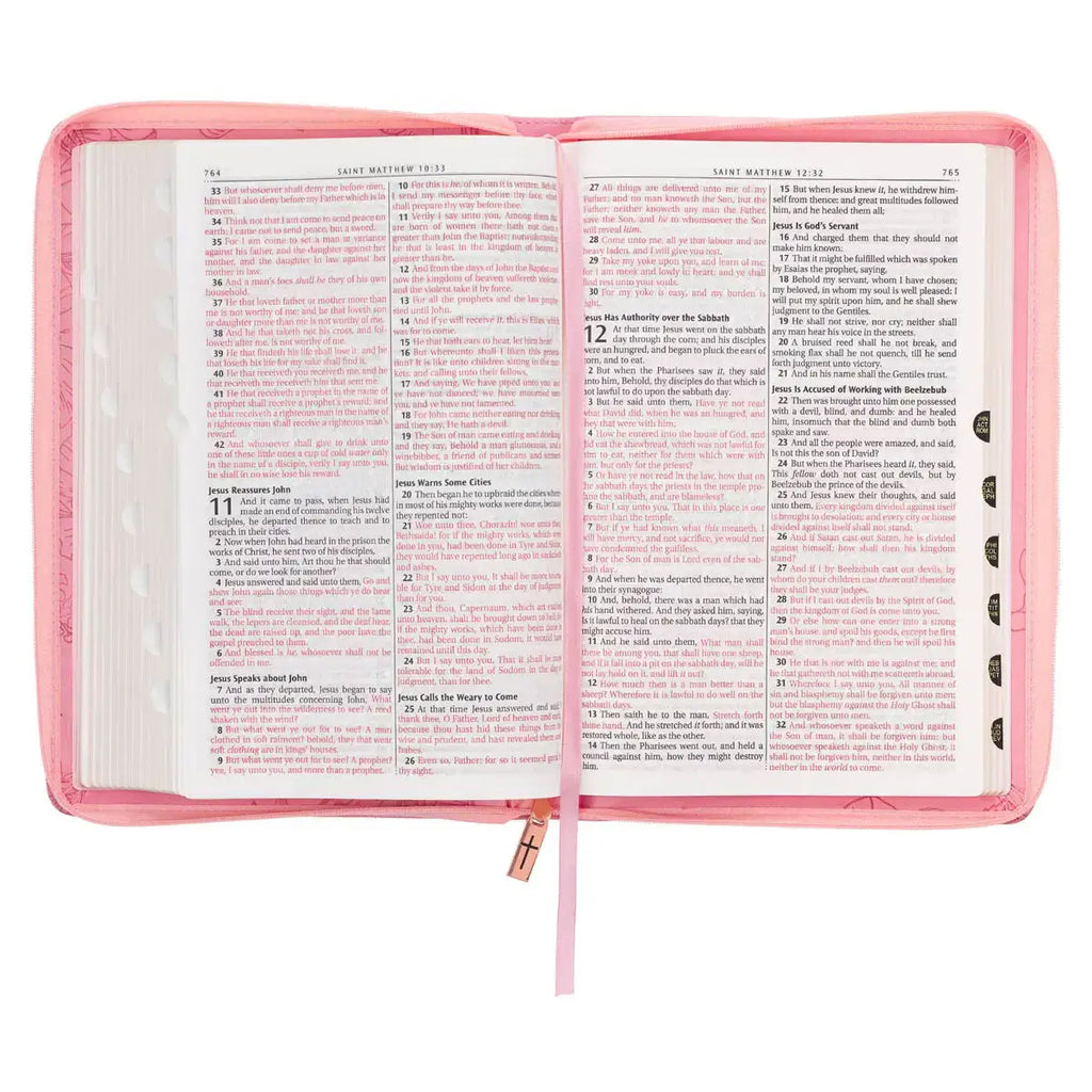 Sunrise Pink Faux Leather Large Print Thinline King James Version Bible with Zippered Closure & Thumb Index