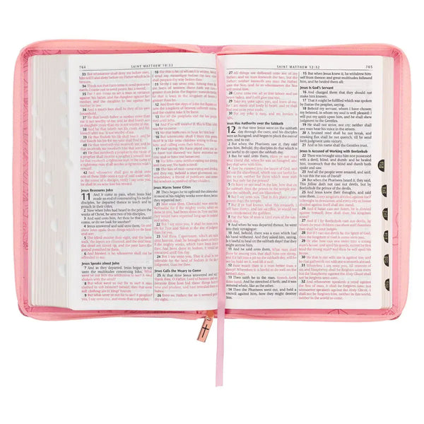 Sunrise Pink Faux Leather Large Print Thinline King James Version Bible with Zippered Closure & Thumb Index