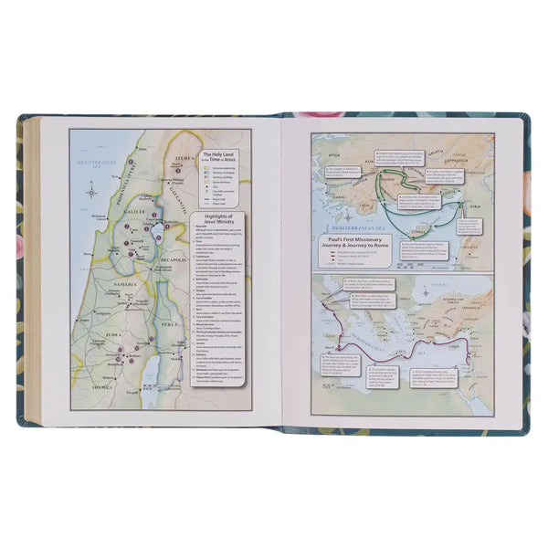 Teal Floral Ally Collection Large Print Faux Leather King James Version Note-taking Bible - Matthew 22:37