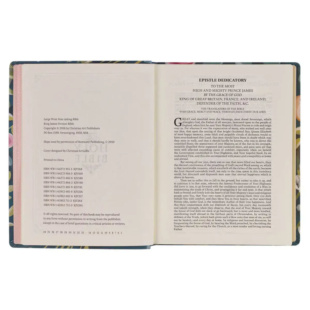 Teal Floral Ally Collection Large Print Faux Leather King James Version Note-taking Bible - Matthew 22:37