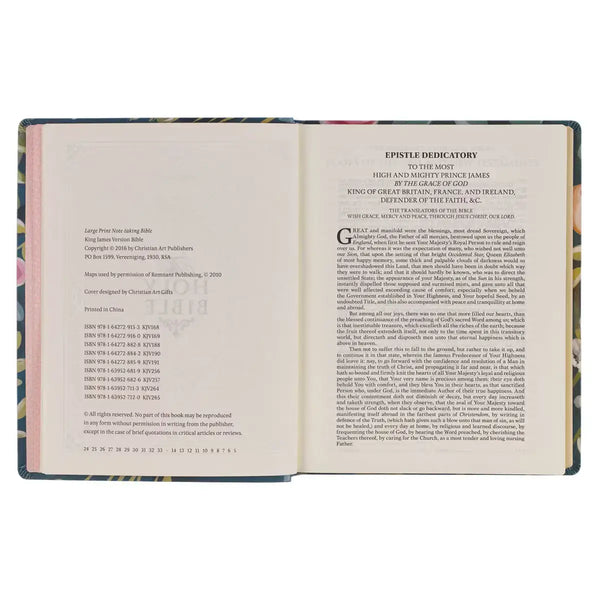 Teal Floral Ally Collection Large Print Faux Leather King James Version Note-taking Bible - Matthew 22:37