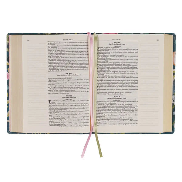 Teal Floral Ally Collection Large Print Faux Leather King James Version Note-taking Bible - Matthew 22:37