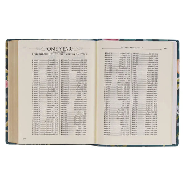 Teal Floral Ally Collection Large Print Faux Leather King James Version Note-taking Bible - Matthew 22:37