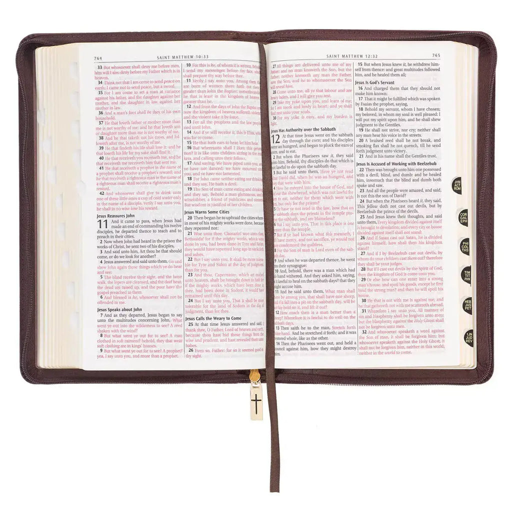 Walnut Brown Faux Leather King James Version Deluxe Gift Bible with Thumb Index & Zippered Closure