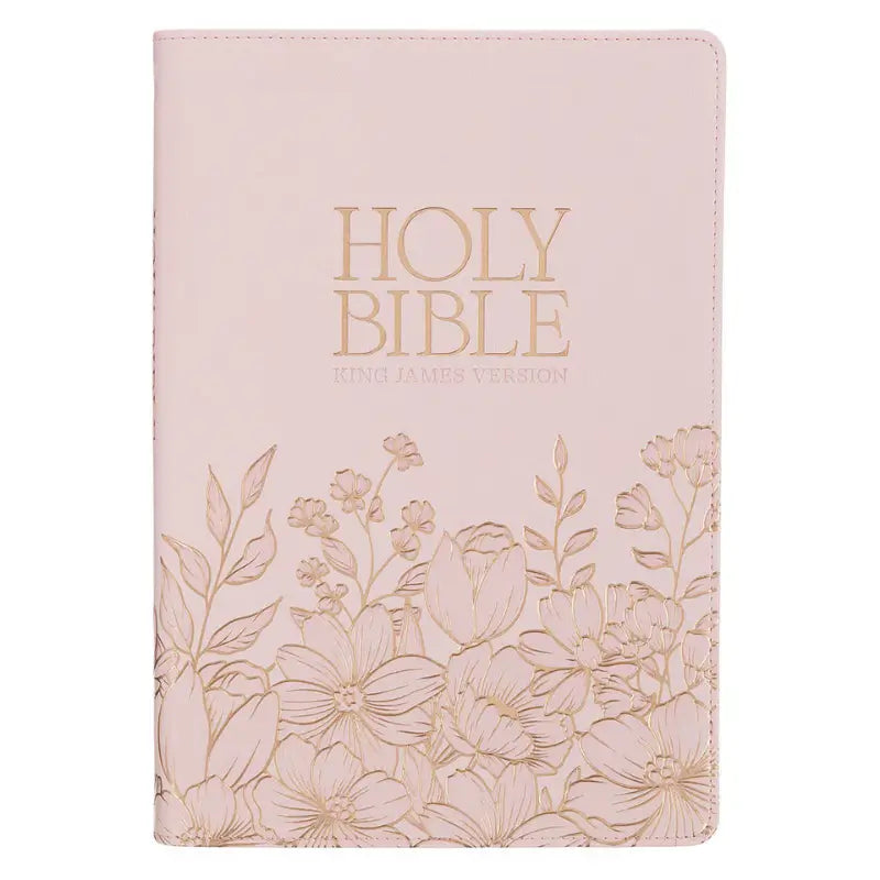 Whisper Pink Floral Faux Leather Large Print Thinline King James with Thumb Index