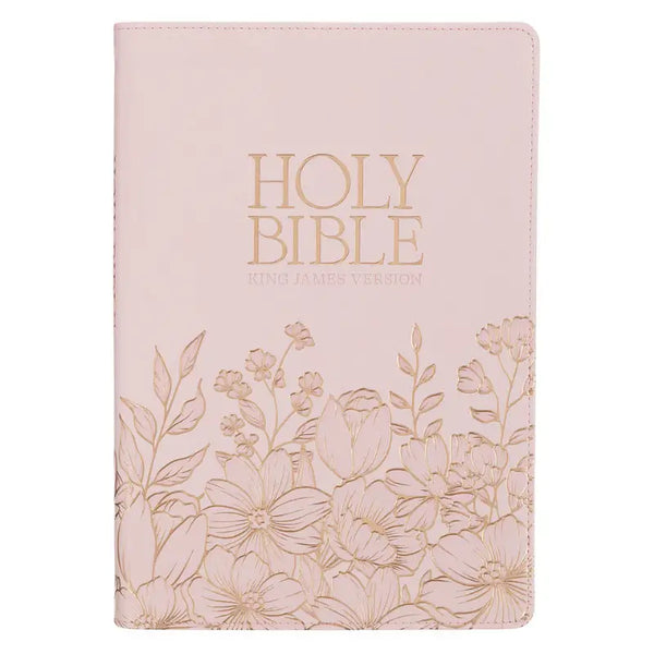 Whisper Pink Floral Faux Leather Large Print Thinline King James with Thumb Index