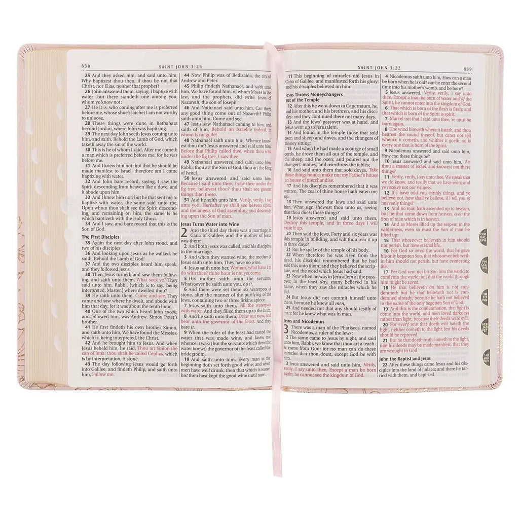 Whisper Pink Floral Faux Leather Large Print Thinline King James with Thumb Index