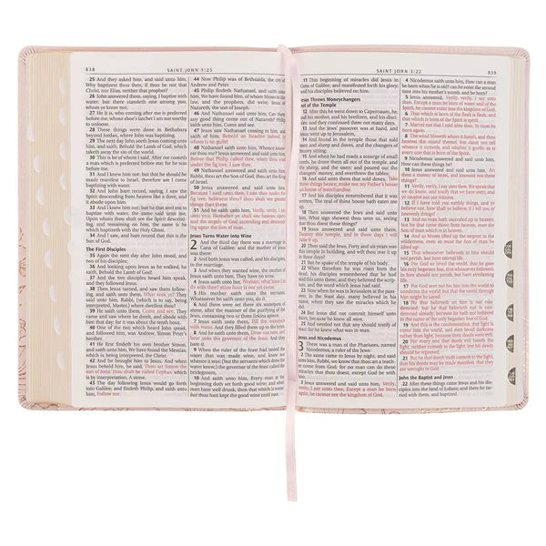 Whisper Pink Floral Faux Leather Large Print Thinline King James with Thumb Index