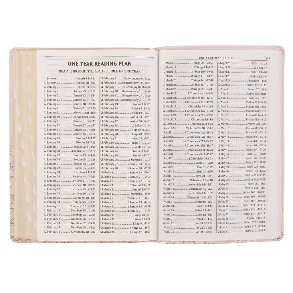 Whisper Pink Floral Faux Leather Large Print Thinline King James with Thumb Index