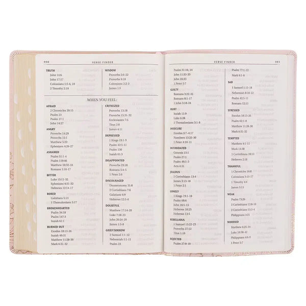 Whisper Pink Floral Faux Leather Large Print Thinline King James with Thumb Index