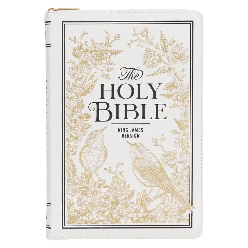 White & Gold Faux Leather Large Print Thinline King James Version Bible with Zippered Closure & Thumb Index Main image