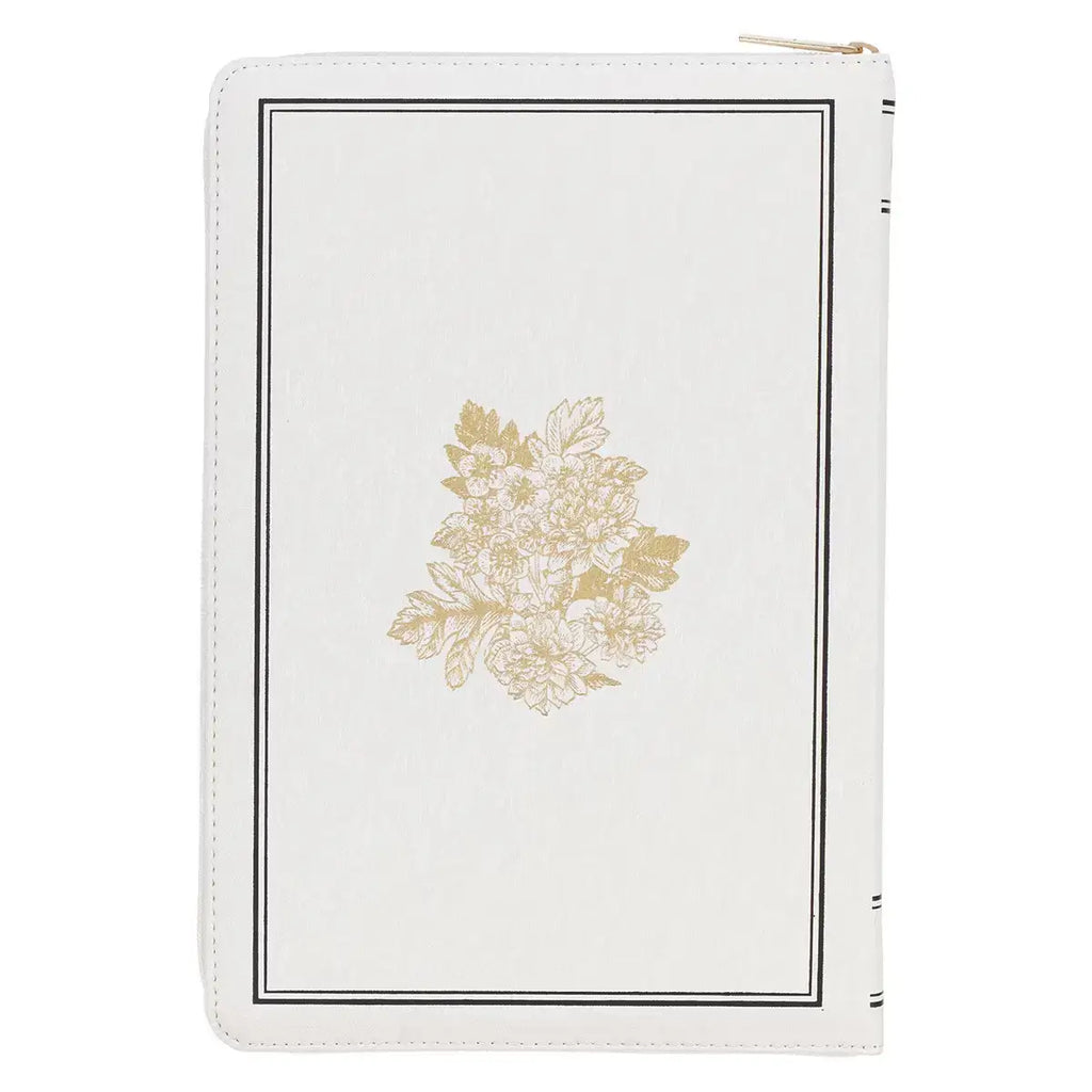 White & Gold Faux Leather Large Print Thinline King James Version Bible with Zippered Closure & Thumb Index