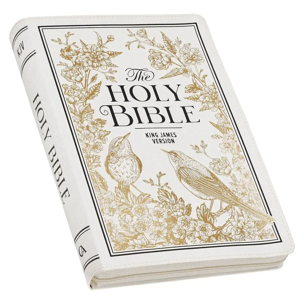White & Gold Faux Leather Large Print Thinline King James Version Bible with Zippered Closure & Thumb Index