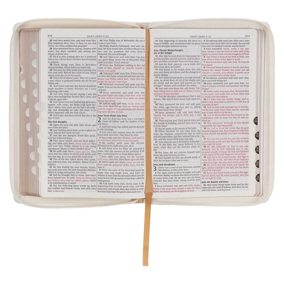 White & Gold Faux Leather Large Print Thinline King James Version Bible with Zippered Closure & Thumb Index