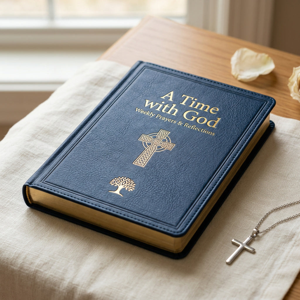 A navy blue leather-bound book titled 'A Time with God: Weekly Prayers & Reflections' lies on a light fabric surface near a window, with a silver cross necklace nearby and a wooden tabletop in the background.