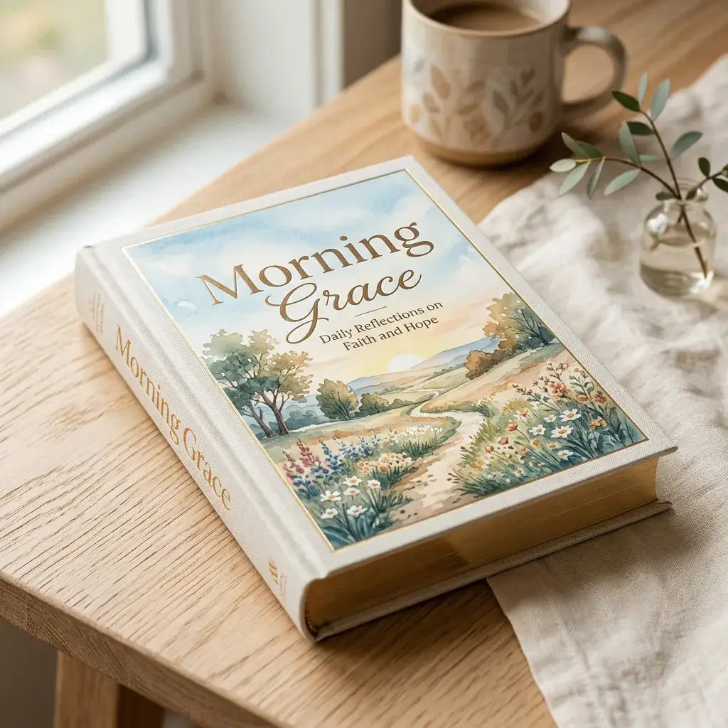 A hardcover book titled "Morning Grace" lies on a light wood table in a softly styled interior scene. The cover shows a painted pastoral landscape with flowers, trees, and a winding path, with the subtitle "Daily Reflections on Faith and Hope.